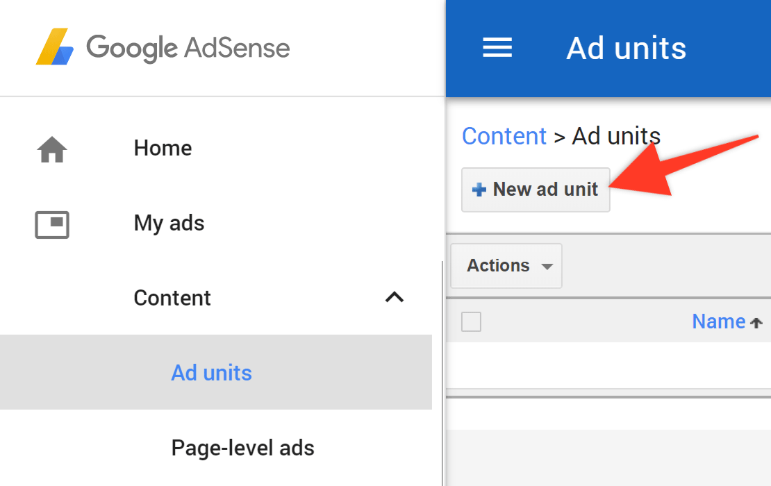 Google Adsense New Ad Unit Button